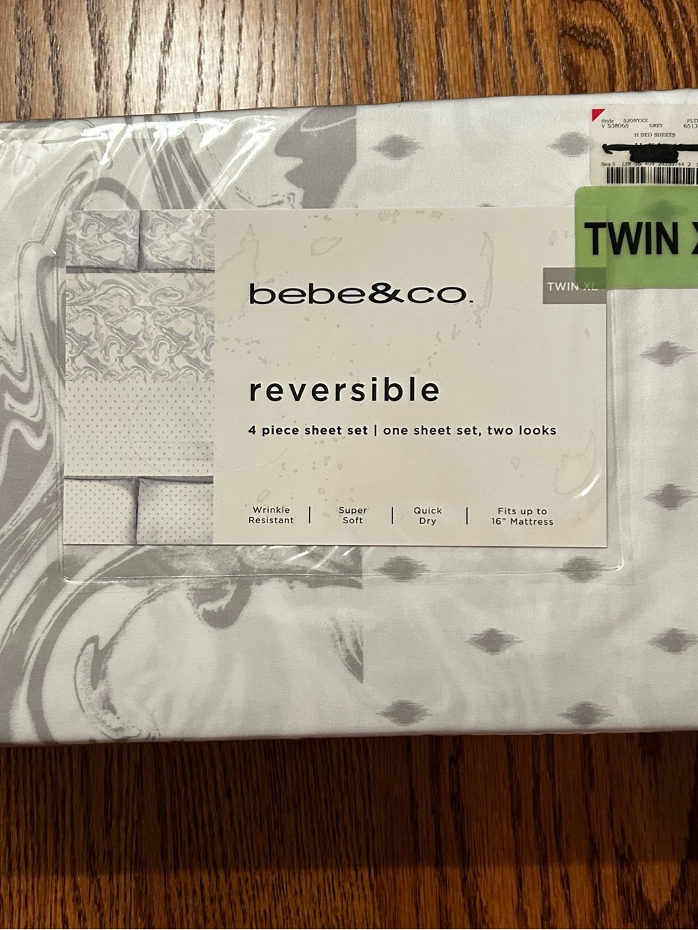 Bebe & Co Twin XL Reversible 4 Piece Sheet Set Gray White New in Package